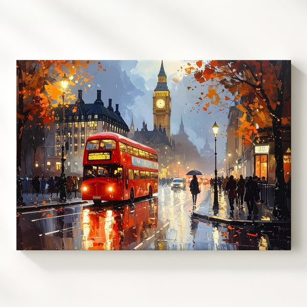 Rainy London Evening Canvas – Big Ben & Red Bus City Scene Wall Art - Gifitto