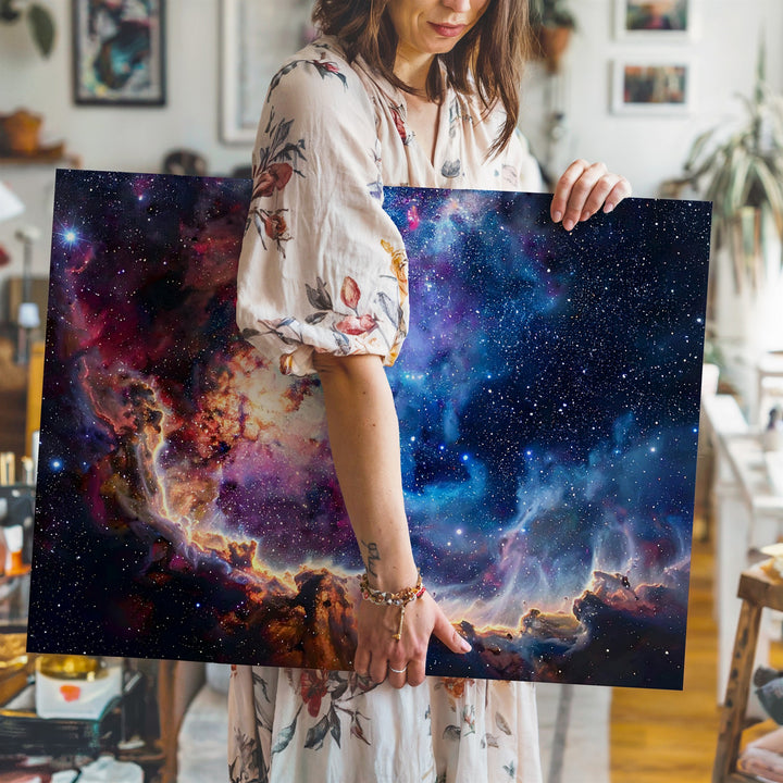 Stellar Bloom Canvas – Cosmic Nebula Explosion Wall Art in Crimson & Indigo - Gifitto