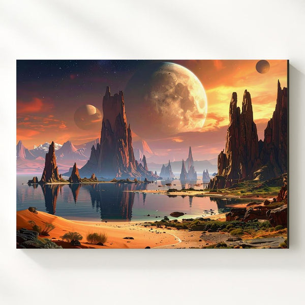 Alien Landscape Reflection Canvas – Celestial Rocky Terrain with Planetary Glow - Gifitto