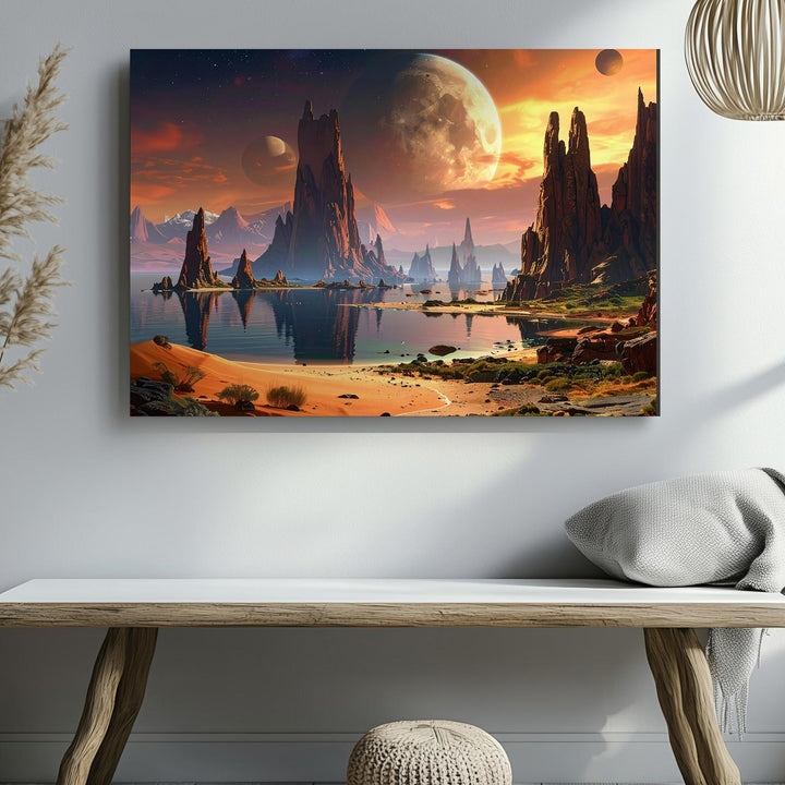 Alien Landscape Reflection Canvas – Celestial Rocky Terrain with Planetary Glow - Gifitto