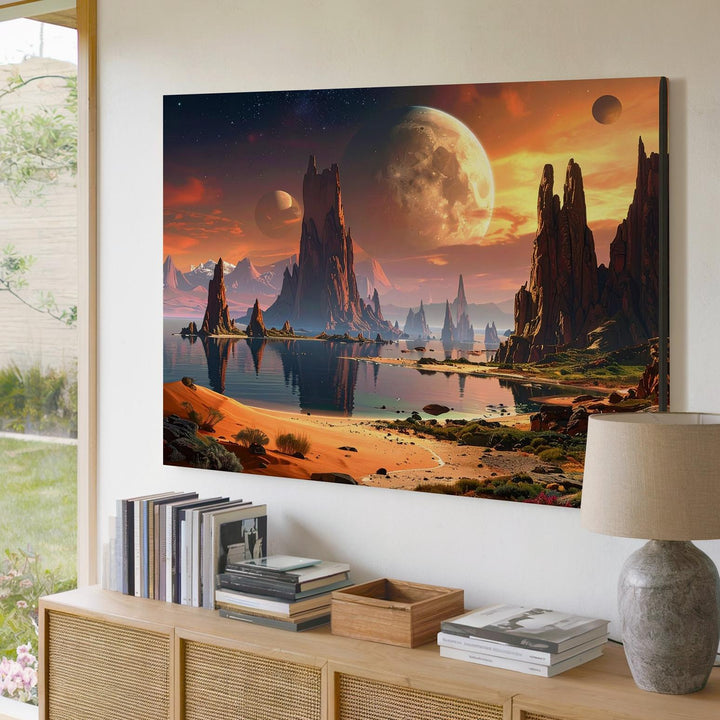 Alien Landscape Reflection Canvas – Celestial Rocky Terrain with Planetary Glow - Gifitto