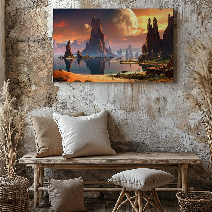 Alien Landscape Reflection Canvas – Celestial Rocky Terrain with Planetary Glow - Gifitto