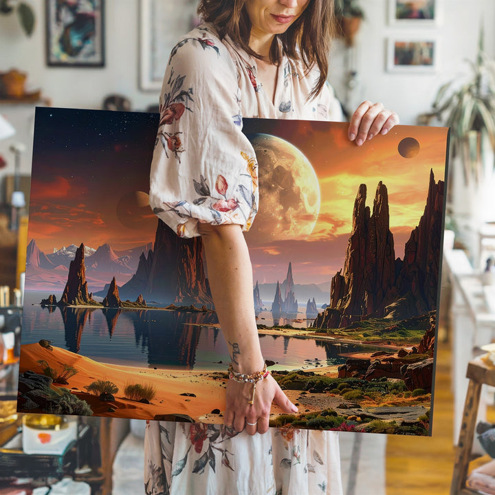 Alien Landscape Reflection Canvas – Celestial Rocky Terrain with Planetary Glow - Gifitto