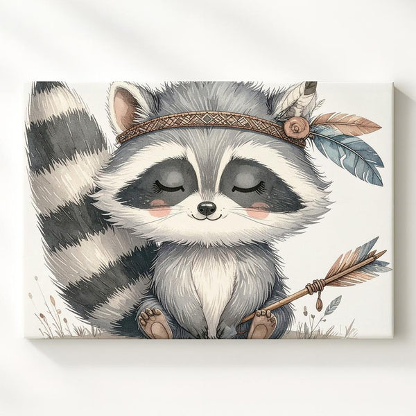 Boho Raccoon with Feathered Headband Canvas – Serene Nursery Wall Art - Gifitto