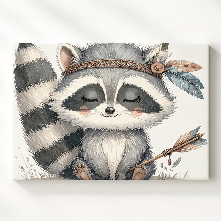 Boho Raccoon with Feathered Headband Canvas – Serene Nursery Wall Art - Gifitto