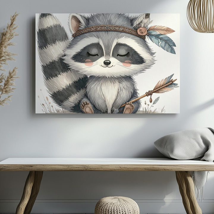 Boho Raccoon with Feathered Headband Canvas – Serene Nursery Wall Art - Gifitto