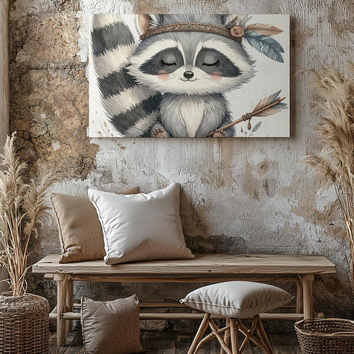 Boho Raccoon with Feathered Headband Canvas – Serene Nursery Wall Art - Gifitto