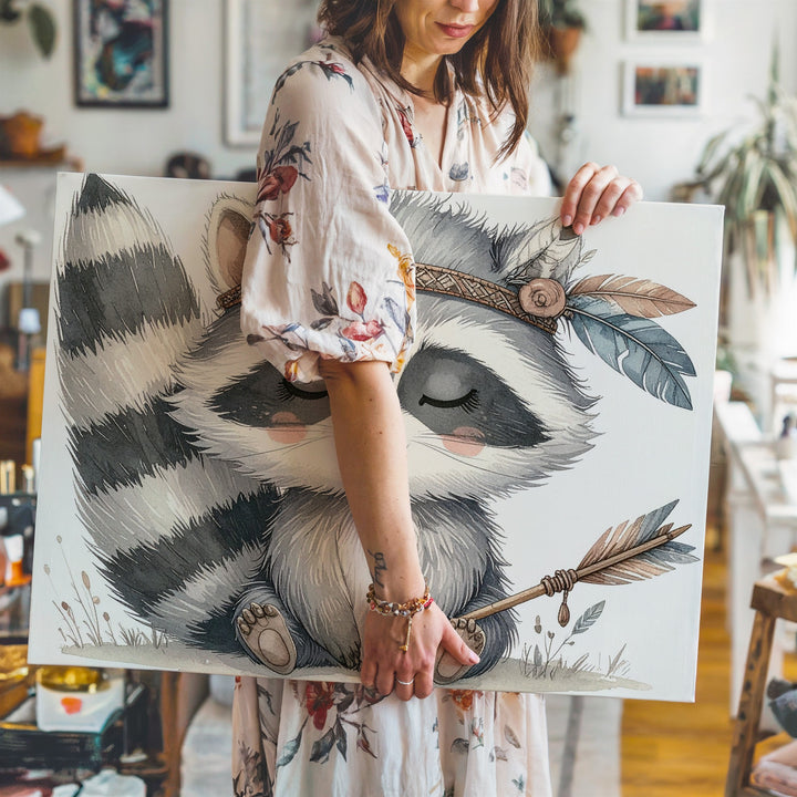 Boho Raccoon with Feathered Headband Canvas – Serene Nursery Wall Art - Gifitto