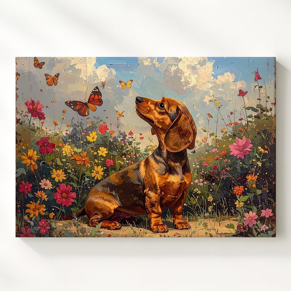 Vintage Dachshund Garden Canvas – Whimsical Puppy & Butterfly Wall Art - Gifitto