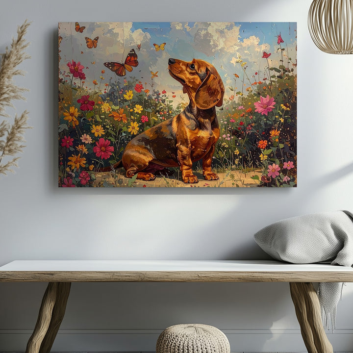 Vintage Dachshund Garden Canvas – Whimsical Puppy & Butterfly Wall Art - Gifitto