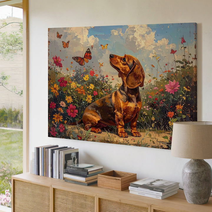 Vintage Dachshund Garden Canvas – Whimsical Puppy & Butterfly Wall Art - Gifitto