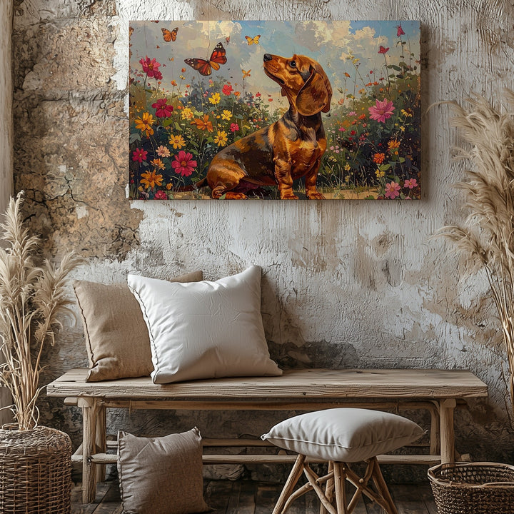 Vintage Dachshund Garden Canvas – Whimsical Puppy & Butterfly Wall Art - Gifitto