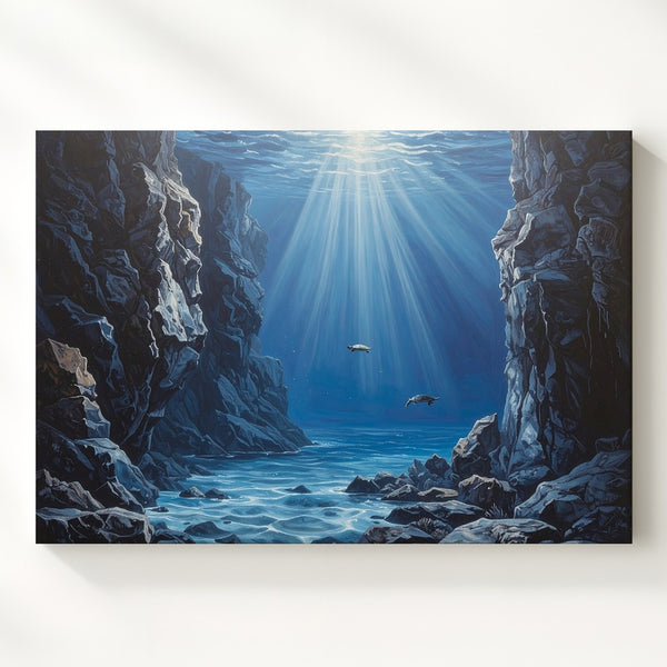 Underwater Canyon Canvas – Sea Turtle in Deep Ocean Corridor
