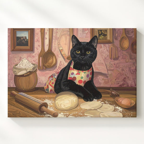 Baking Black Cat Canvas – Anthropomorphic Feline in Kitchen with Apron - Gifitto