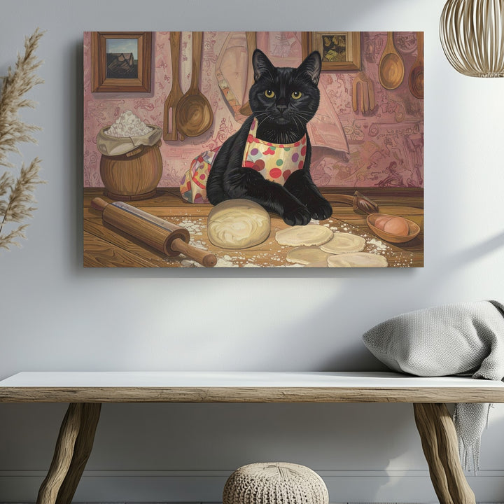 Baking Black Cat Canvas – Anthropomorphic Feline in Kitchen with Apron - Gifitto
