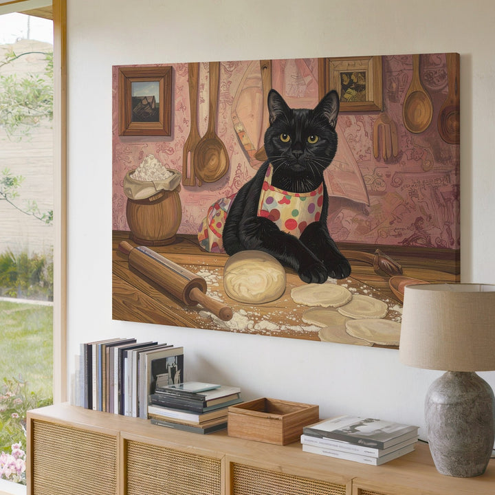 Baking Black Cat Canvas – Anthropomorphic Feline in Kitchen with Apron - Gifitto