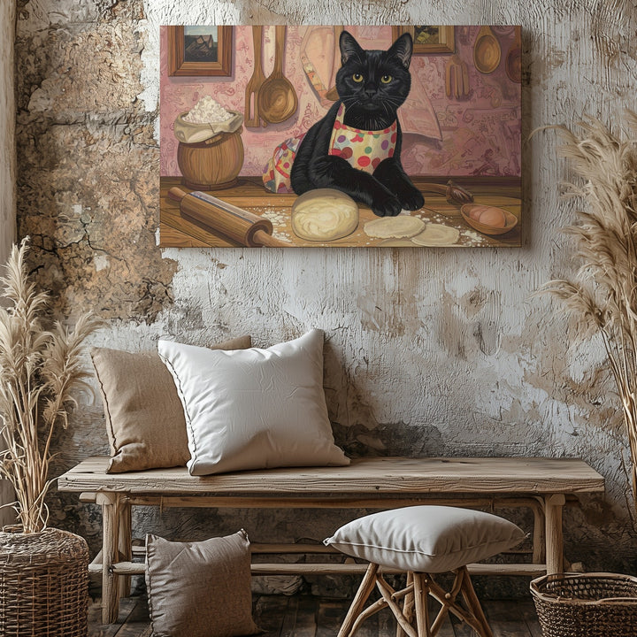 Baking Black Cat Canvas – Anthropomorphic Feline in Kitchen with Apron - Gifitto