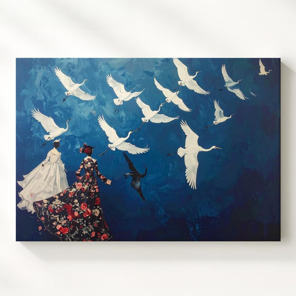 Surreal Birds in Flight Canvas – Elegant White Flock with Ornate Dressed Birds - Gifitto