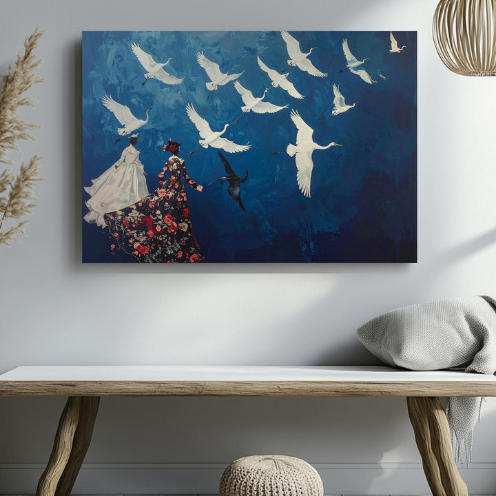 Surreal Birds in Flight Canvas – Elegant White Flock with Ornate Dressed Birds - Gifitto