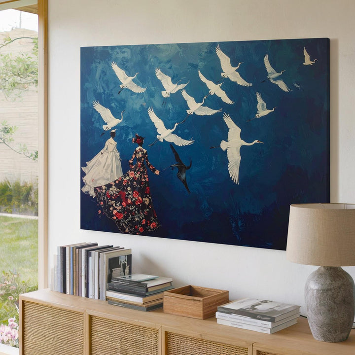 Surreal Birds in Flight Canvas – Elegant White Flock with Ornate Dressed Birds - Gifitto