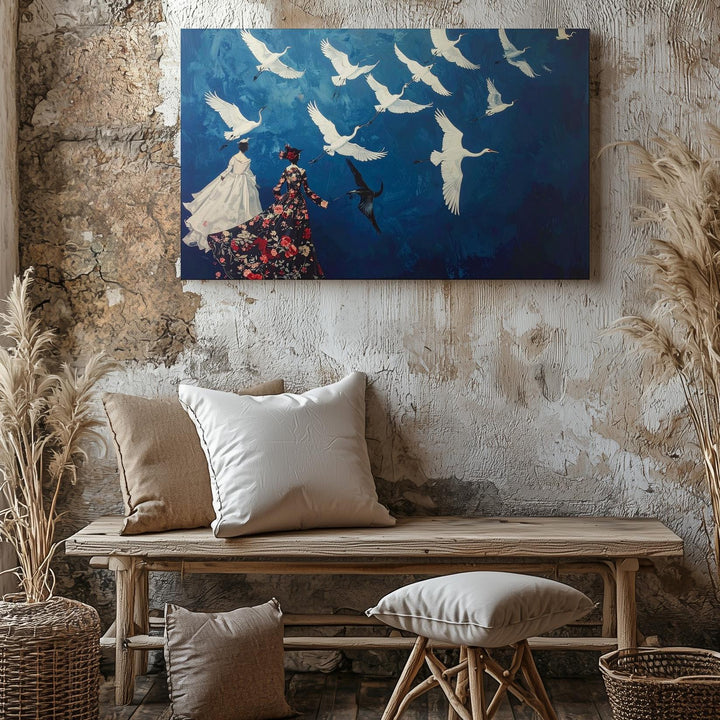 Surreal Birds in Flight Canvas – Elegant White Flock with Ornate Dressed Birds - Gifitto