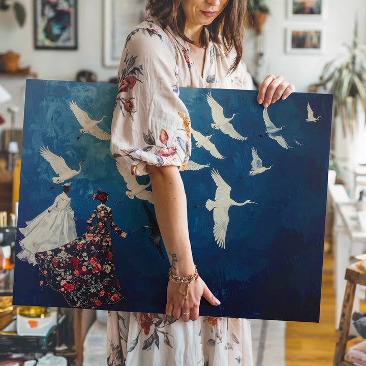 Surreal Birds in Flight Canvas – Elegant White Flock with Ornate Dressed Birds - Gifitto
