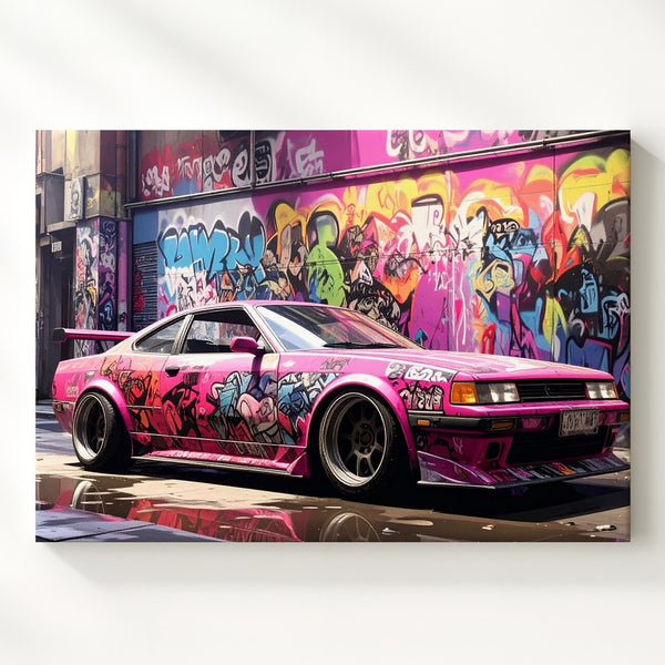 Graffiti Drift Car Canvas – Hot Pink Nissan Silvia in Neon Alley Scene - Gifitto