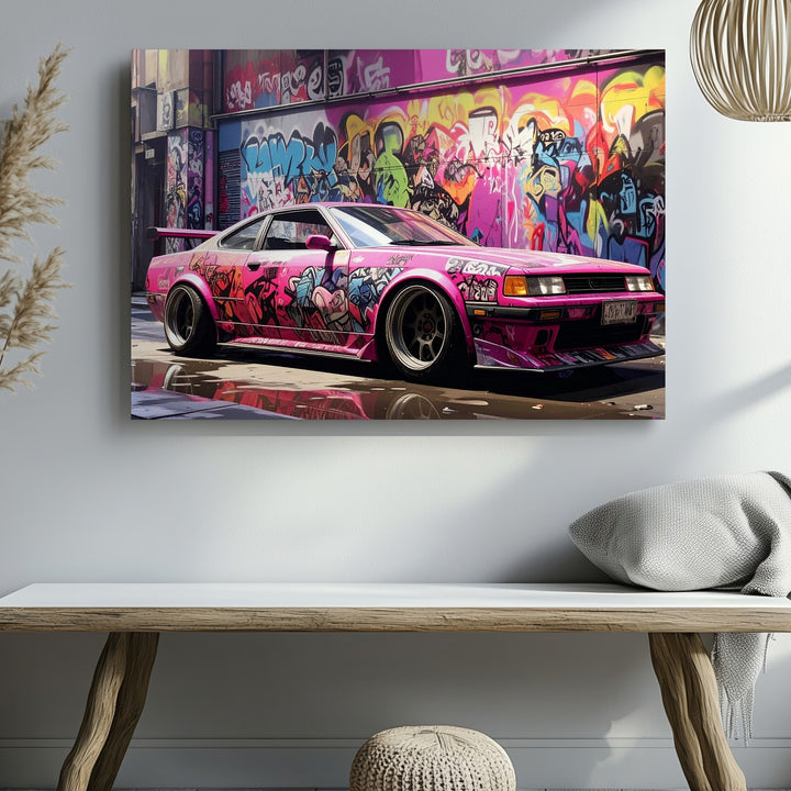 Graffiti Drift Car Canvas – Hot Pink Nissan Silvia in Neon Alley Scene - Gifitto