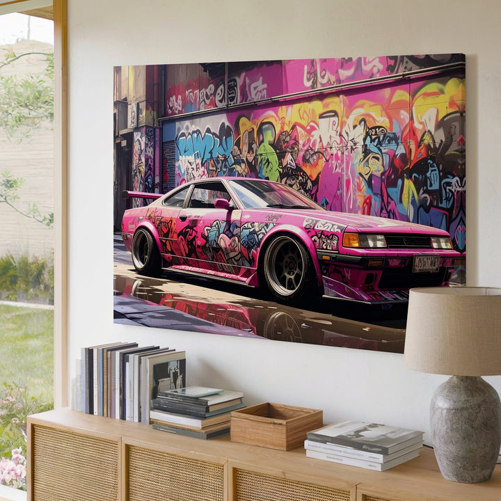 Graffiti Drift Car Canvas – Hot Pink Nissan Silvia in Neon Alley Scene - Gifitto