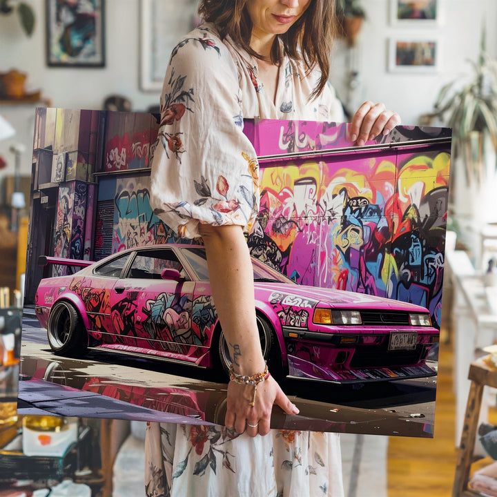 Graffiti Drift Car Canvas – Hot Pink Nissan Silvia in Neon Alley Scene - Gifitto