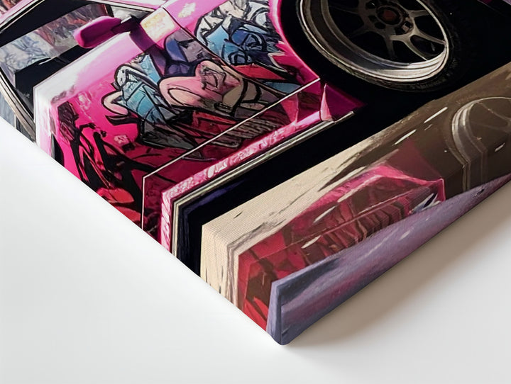 Graffiti Drift Car Canvas – Hot Pink Nissan Silvia in Neon Alley Scene - Gifitto