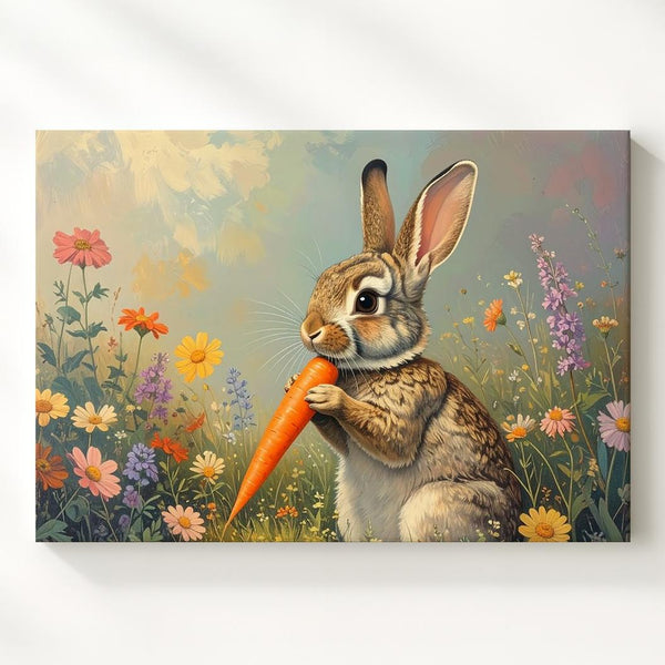 Joyful Rabbit with Carrot Canvas – Vibrant Spring Wall Art - Gifitto