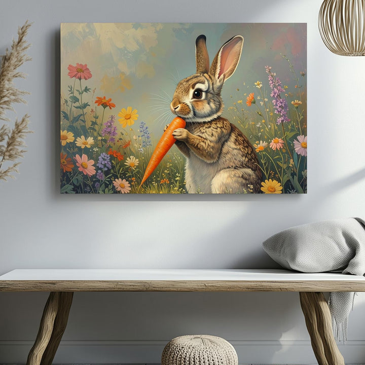 Joyful Rabbit with Carrot Canvas – Vibrant Spring Wall Art - Gifitto