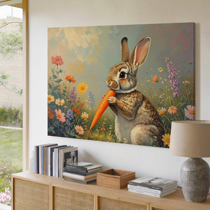 Joyful Rabbit with Carrot Canvas – Vibrant Spring Wall Art - Gifitto