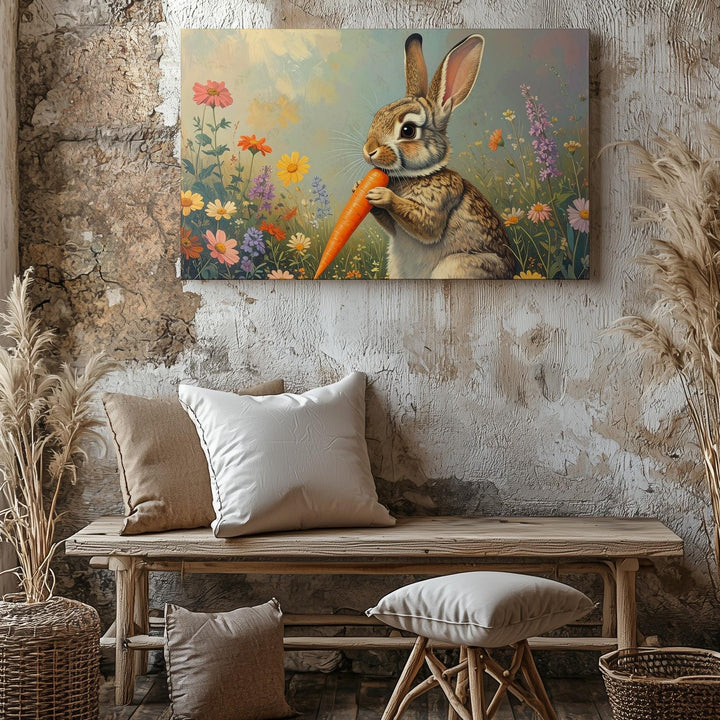 Joyful Rabbit with Carrot Canvas – Vibrant Spring Wall Art - Gifitto