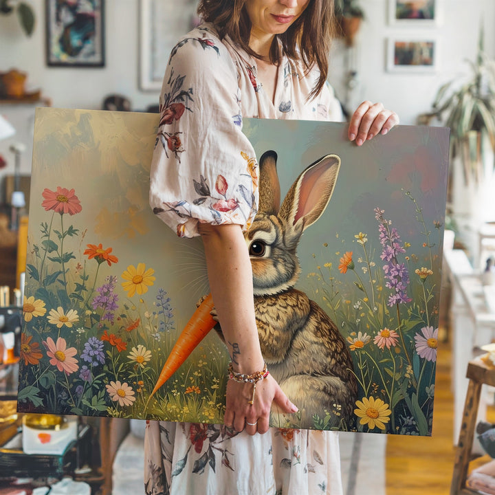 Joyful Rabbit with Carrot Canvas – Vibrant Spring Wall Art - Gifitto