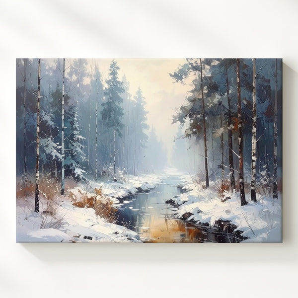 Misty Winter Stream Canvas – Moody Forest Path with Snow and Fog - Gifitto