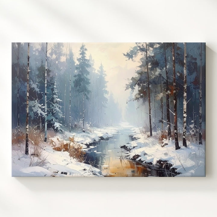 Misty Winter Stream Canvas – Moody Forest Path with Snow and Fog - Gifitto