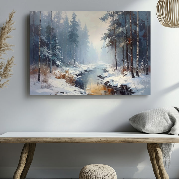 Misty Winter Stream Canvas – Moody Forest Path with Snow and Fog - Gifitto