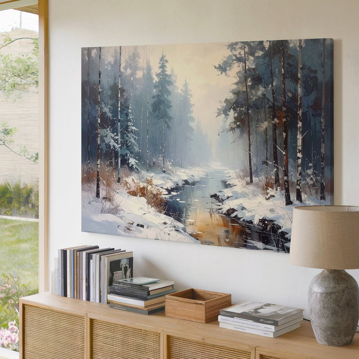 Misty Winter Stream Canvas – Moody Forest Path with Snow and Fog - Gifitto