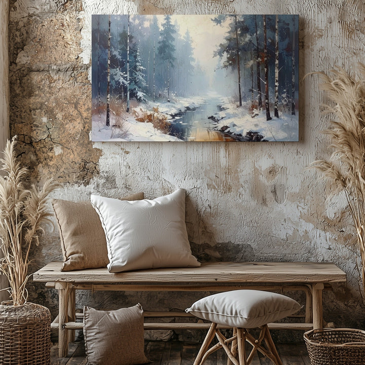 Misty Winter Stream Canvas – Moody Forest Path with Snow and Fog - Gifitto
