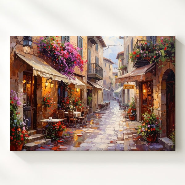 Mediterranean Alleyway Canvas – Romantic Floral Street Scene Wall Art - Gifitto