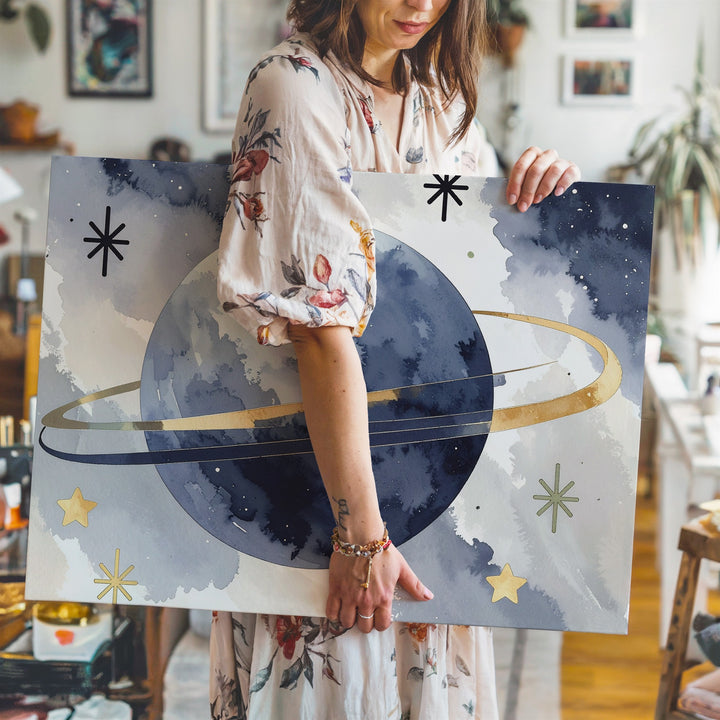 Playful Planet with Rings Canvas – Space Nursery Wall Art - Gifitto