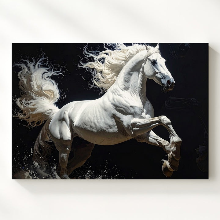 Rearing Light Canvas – Dynamic White Horse in Monochrome Motion - Gifitto