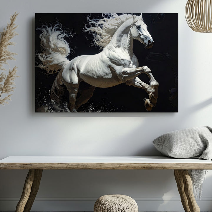 Rearing Light Canvas – Dynamic White Horse in Monochrome Motion - Gifitto