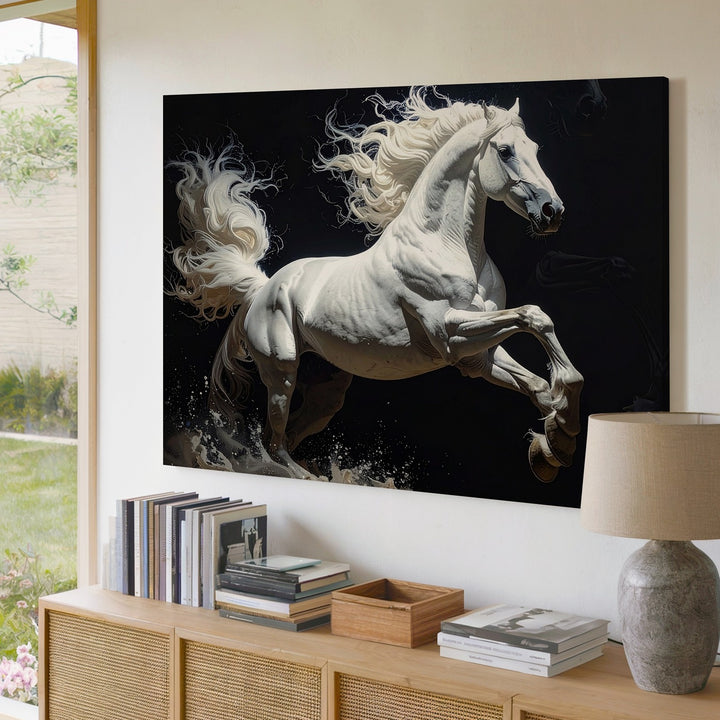 Rearing Light Canvas – Dynamic White Horse in Monochrome Motion - Gifitto