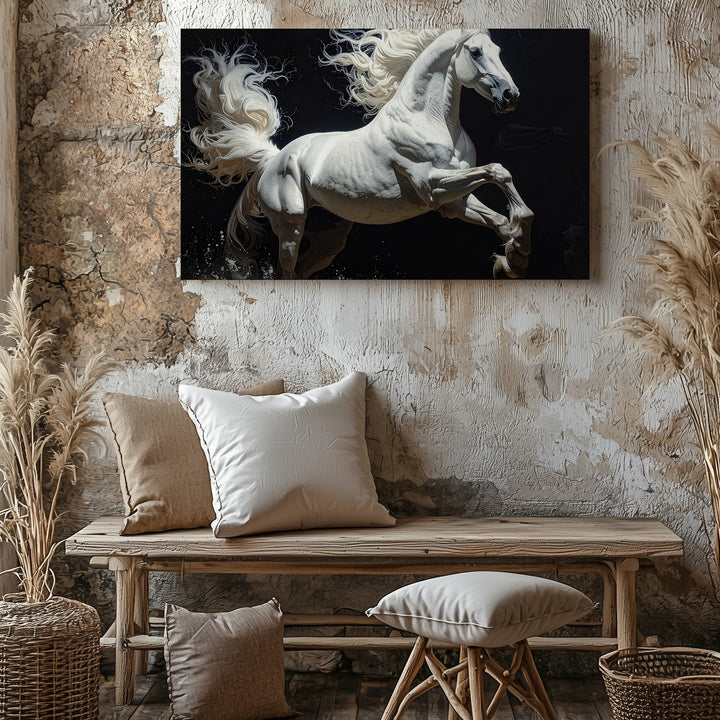 Rearing Light Canvas – Dynamic White Horse in Monochrome Motion - Gifitto