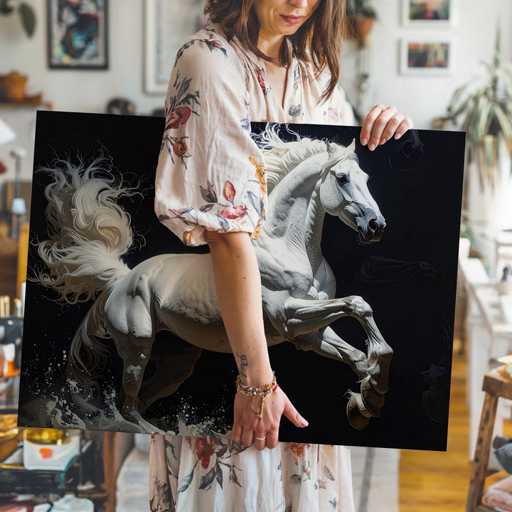 Rearing Light Canvas – Dynamic White Horse in Monochrome Motion - Gifitto