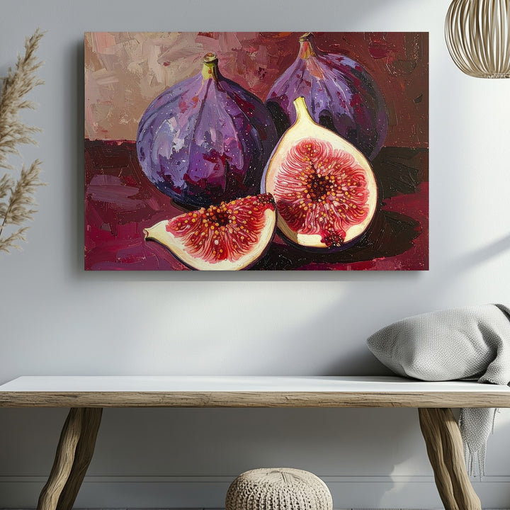 Ripe Fig Cluster Canvas – Bold Oil Painting with Burgundy Textured Background - Gifitto