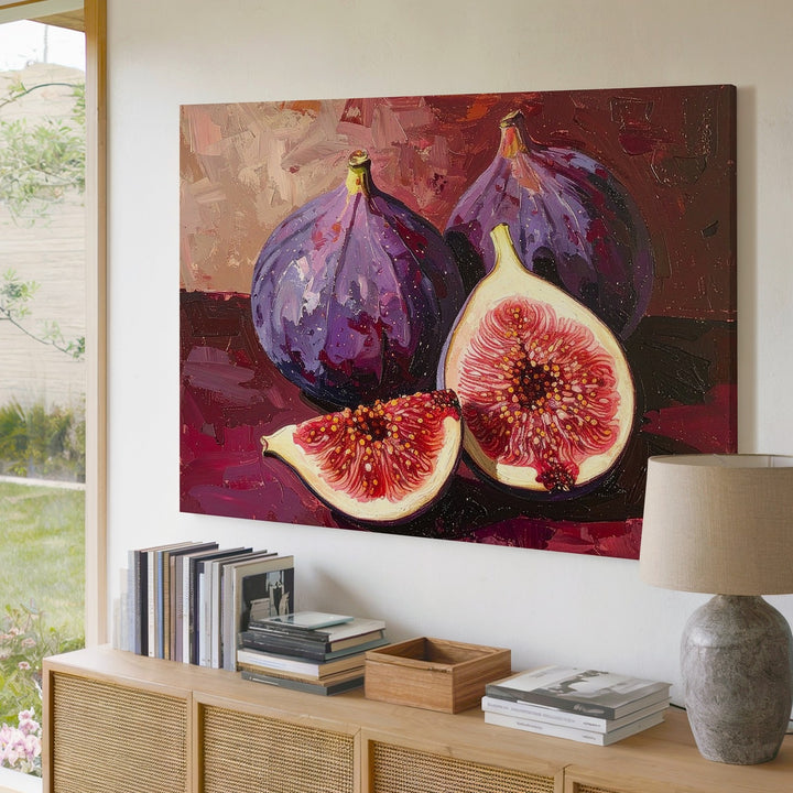 Ripe Fig Cluster Canvas – Bold Oil Painting with Burgundy Textured Background - Gifitto